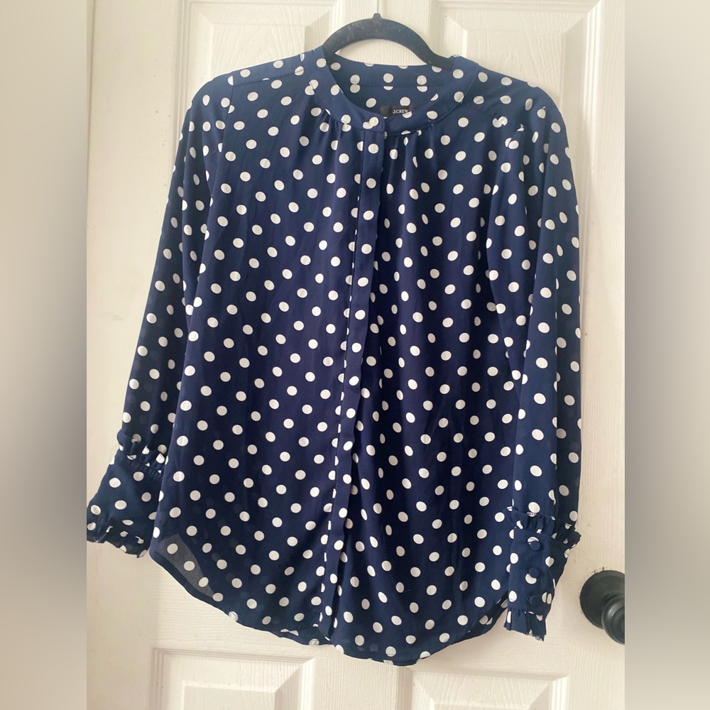 J. Crew Navy and White Polka Dot Blouse